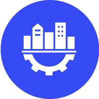 Icon of buildings above a gear symbol on blue background.