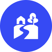 Minimalist white house and tree icon on blue background.