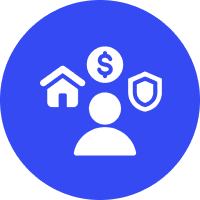 Icon of a person with symbols for home, money, and security around.