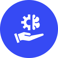 A hand holding a brain with a gear, symbolizing intelligence and technology.