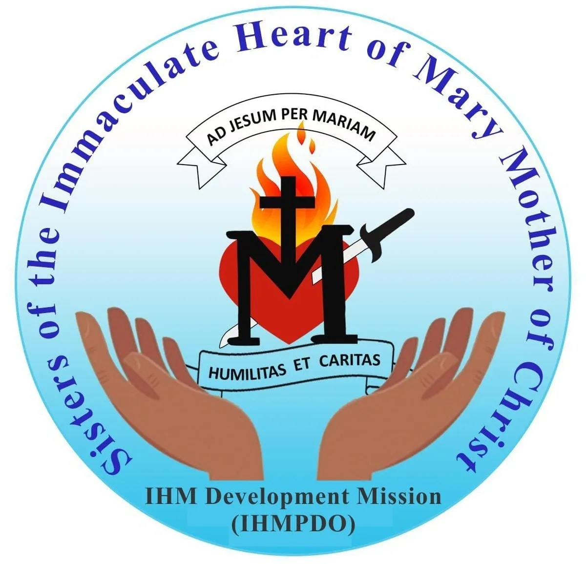 Logo of Immaculate Heart of Mary mission with hands and cross.