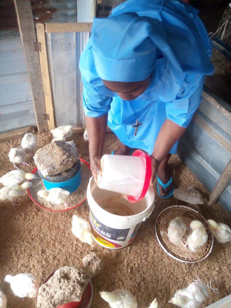 Person in blue attire pouring liquid into a container inside a rustic shed.